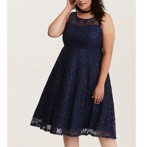 Torrid NAVY SEQUIN LACE ILLUSION MIDI SKATER DRESS